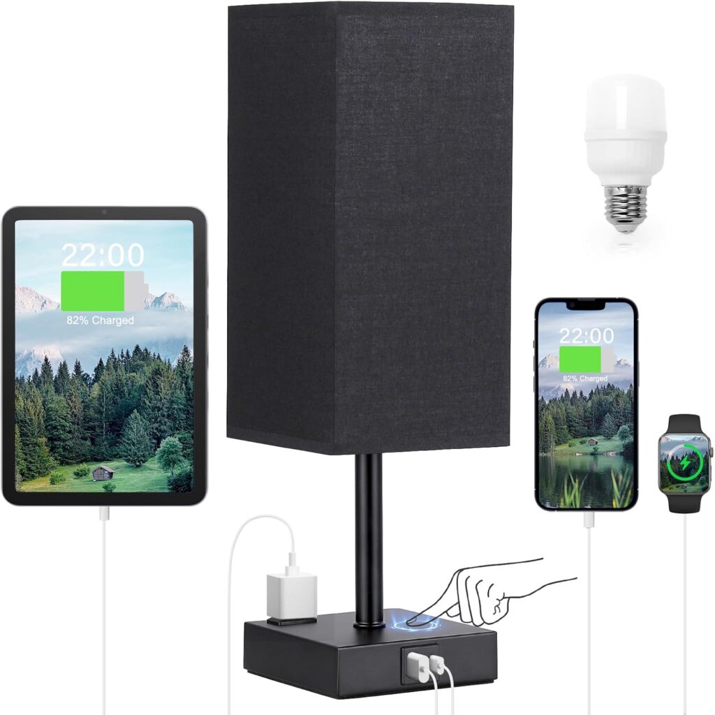Black Lamp for Bedroom-Touch Lamp with USB-C+A and AC Outlets,3 Way Bedside Nightstand Square Table Lamp for Kids, Guest Room Living Rroom,Office, 800 Lumens 5000K Daylight Bulbs Included