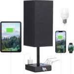 Black Lamp for Bedroom-Touch Lamp with USB-C+A and AC Outlets,3 Way Bedside Nightstand Square Table Lamp for Kids, Guest Room Living Rroom,Office, 800 Lumens 5000K Daylight Bulbs Included