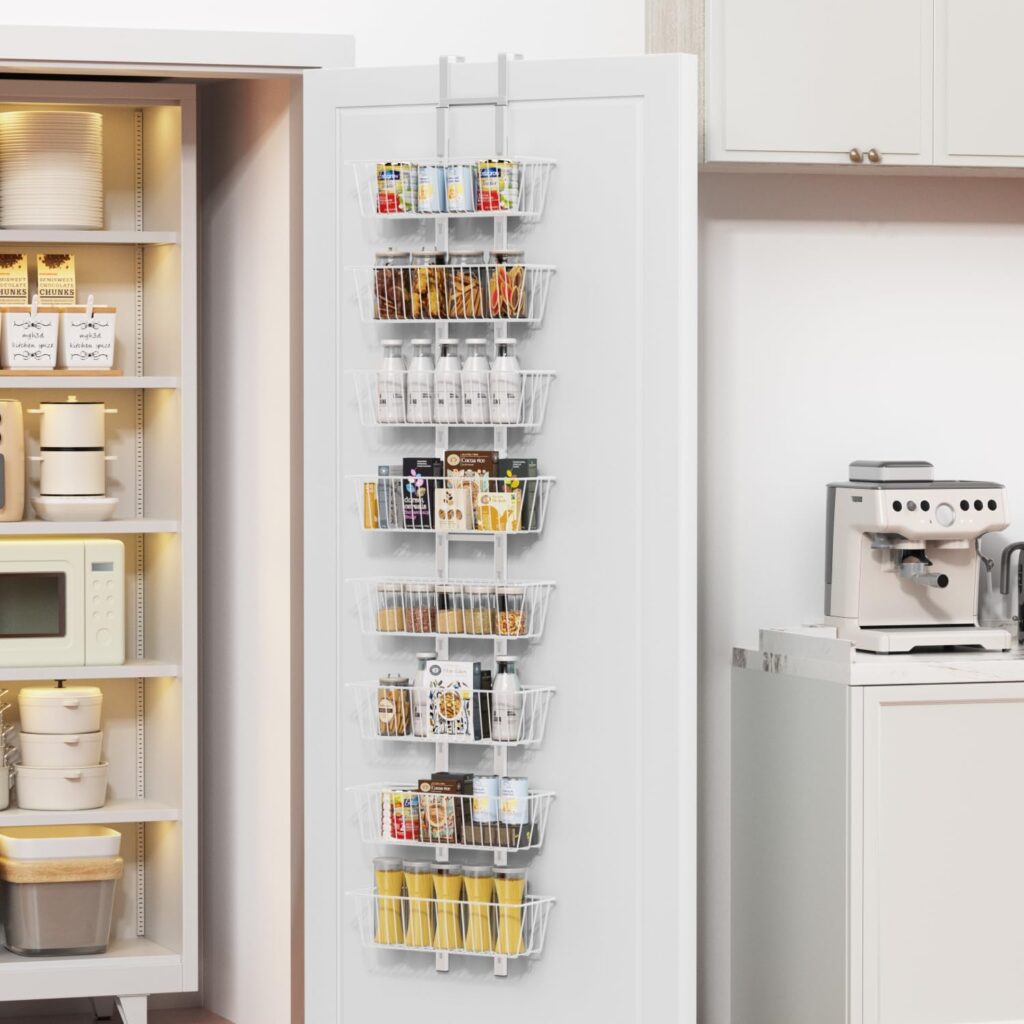 8-Tier Over Door Pantry Organizer with Mesh Baskets, Foldable Metal Hanging Spice Rack with 8 Baskets for Kitchen Organizers and Storage, for Home & Kitchen Laundry Room Bathroom Essentials, White