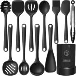 Thickened Silicone Kitchen Utensils Set, 600°F Heat Resistant Silicone Cooking Utensils, Spatula, Spoon, Whisk, Tongs, Kitchen Gadgets Sets for Nonstick Cookware, Dishwasher Safe BPA Free (Black)