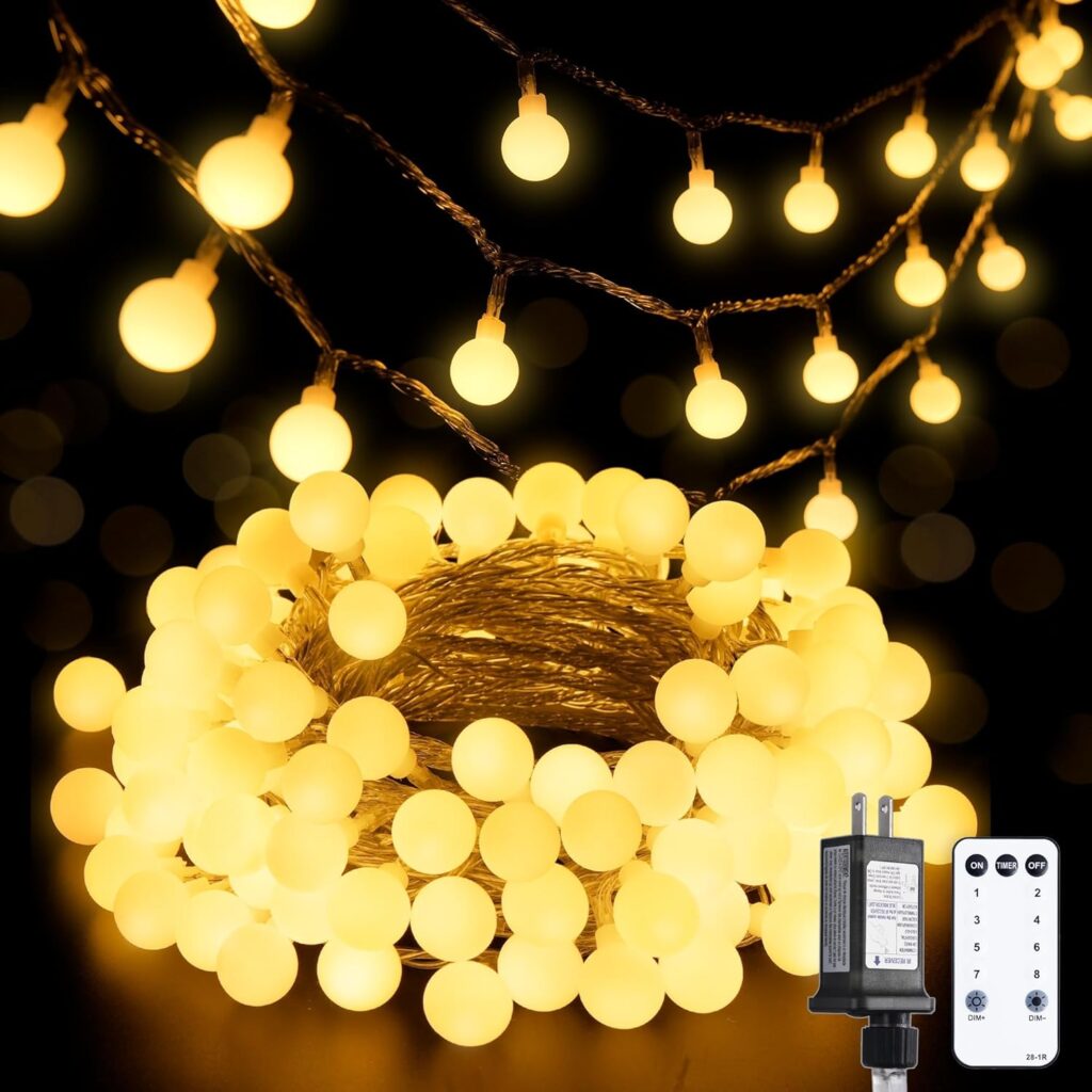 JMEXSUSS 100 LED Connectable Globe String Lights Indoor Bedroom, 33ft Warm White Christmas Lights Plug in with Remote, 8 Mode Hanging Fairy Lights Outdoor for Room Classroom Party Tree Christmas Decor
