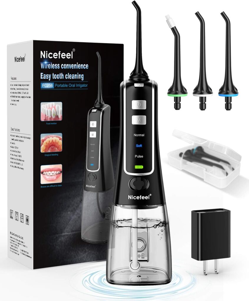 Nicefeel Cordless and Rechargeable Water Flosser – 300ML Water Tank Oral Irrigator, 4 Jet Tips, 3 Pressure Modes – IPX7 Waterproof and Travel Friendly for Dental Care