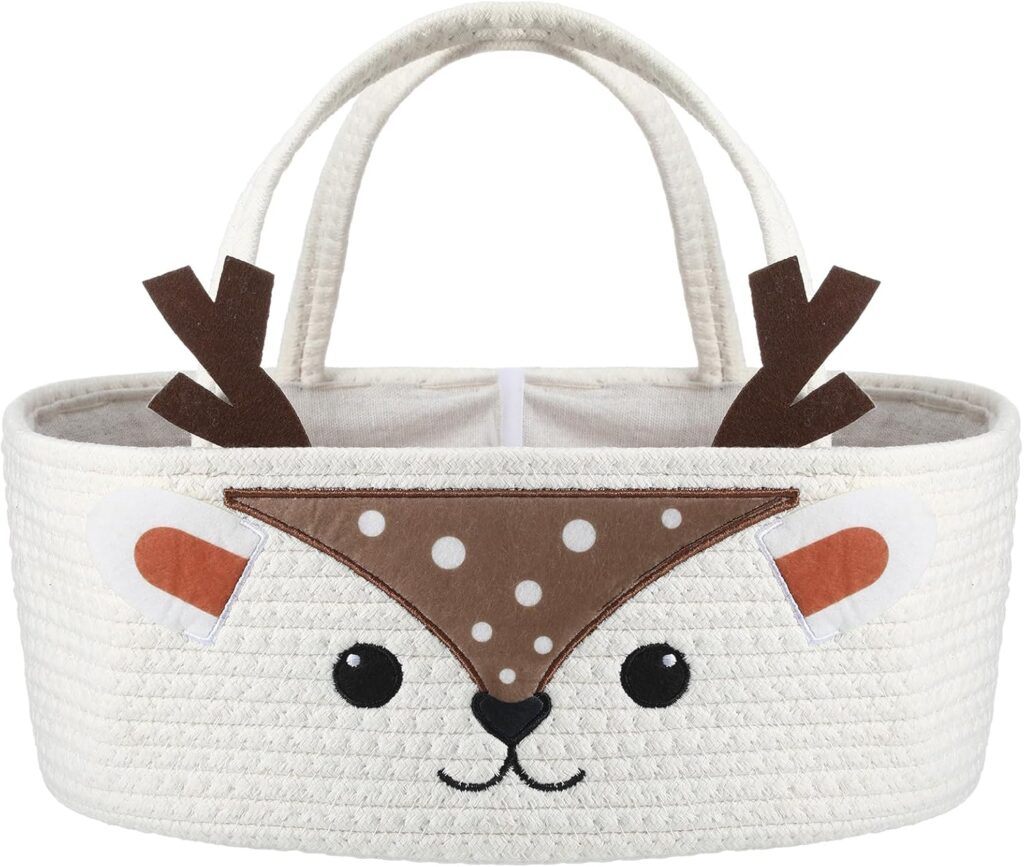 Weysat Cute Deer Baby Diaper Caddy Organizer Cotton Rope Diaper Caddy Basket Woodland Nursery Decor Portable Organizer for Essentials Like Diapers, Wipes, Towels for Baby Shower