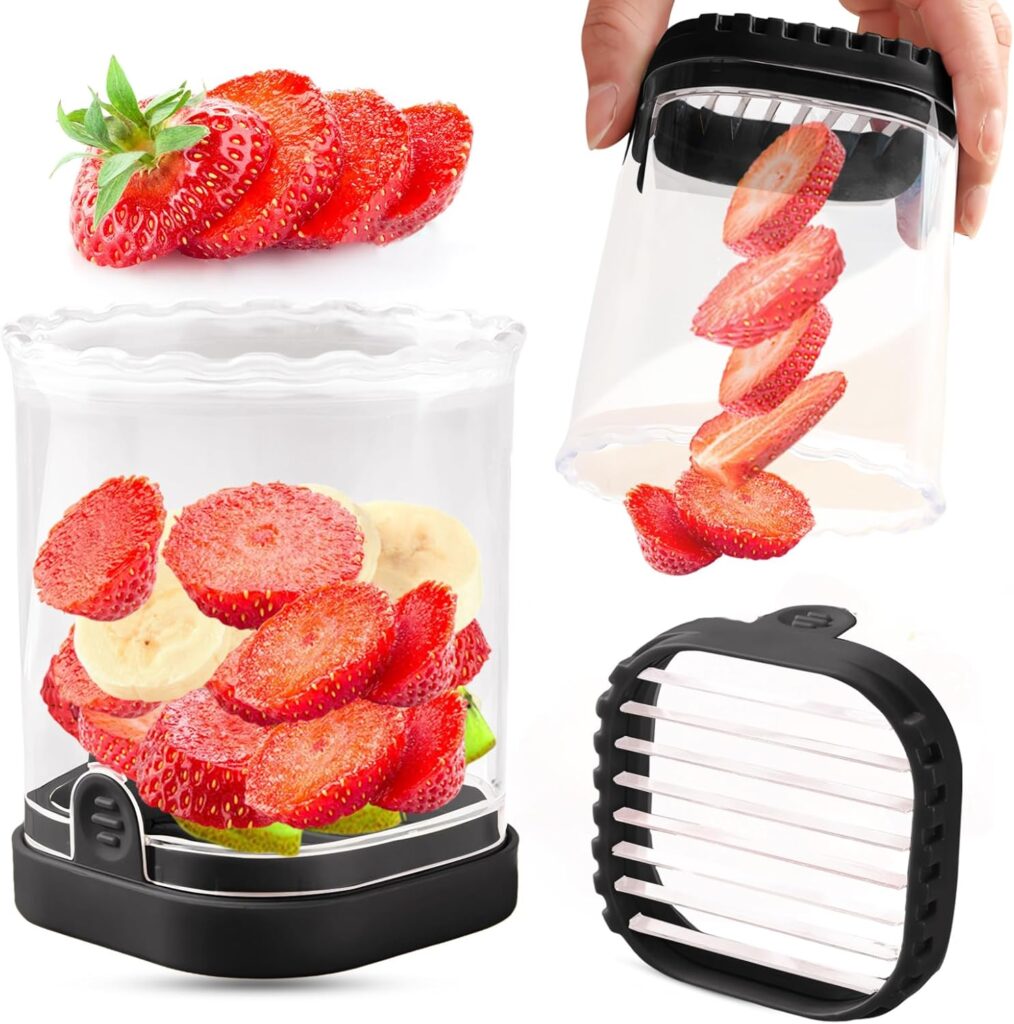 Fruit Slicer Cup | Strawberry Slicer | Banana Slicer | Grape Cutter | Egg Slicers | Detachable Fruit Cutter Slicer with Push Plate | Creative Strawberry Slicer Kitchen Gadget (Black)