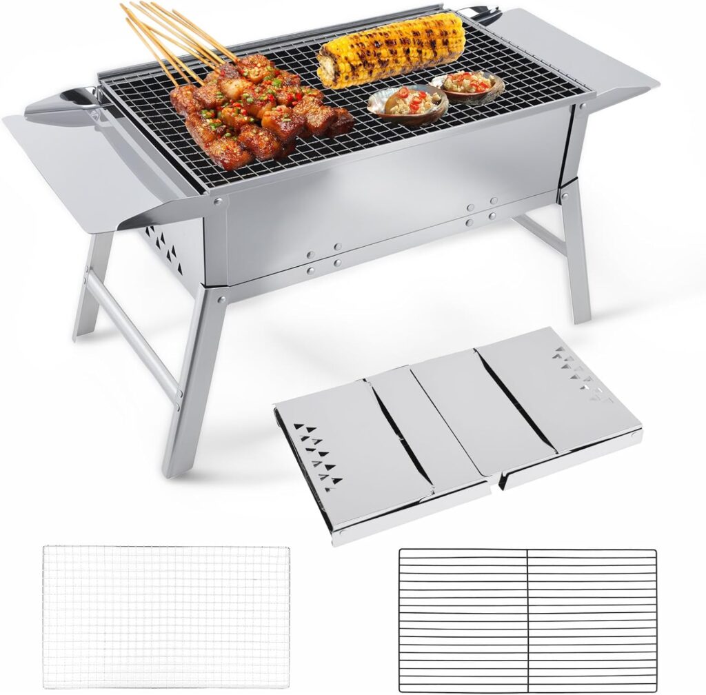 Foldable Portable Charcoal Grill, Small Compact Outdoor BBQ Grill for Camping, Backyard, Balcony, Beach, Travel Outdoor Cooking(17.7×9.8 Inch)