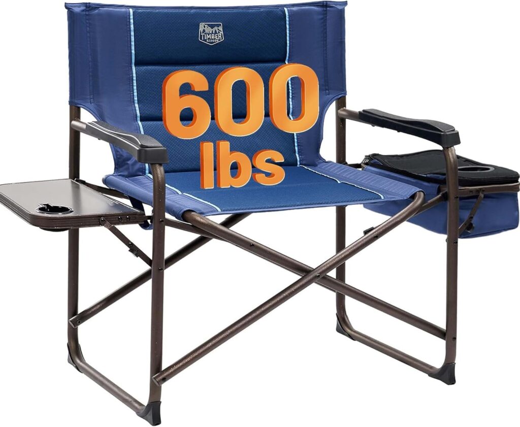 TIMBER RIDGE XXL Oversized Directors Chair 600lbs – Heavy Duty Camping Chair with Cooler Bag & Table, Portable Folding Chair with Wide Seat for Tailgating, Patio, Outdoor – Blue