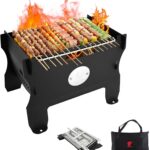 Camping Grill Fire Pit, 2 in 1 Portable Duel Fuel Charcoal or Gas Grill or Fire Pit, Detachable Steel Kabob Camp Grills Bonfire Stove with Hose for Outdoor Cooking BBQ for 13 Skewers