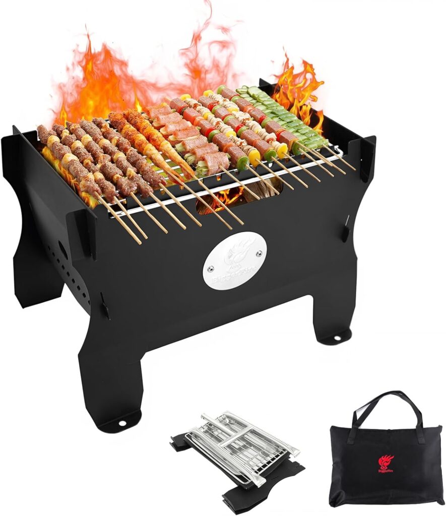 Camping Grill Fire Pit, 2 in 1 Portable Duel Fuel Charcoal or Gas Grill or Fire Pit, Detachable Steel Kabob Camp Grills Bonfire Stove with Hose for Outdoor Cooking BBQ for 13 Skewers