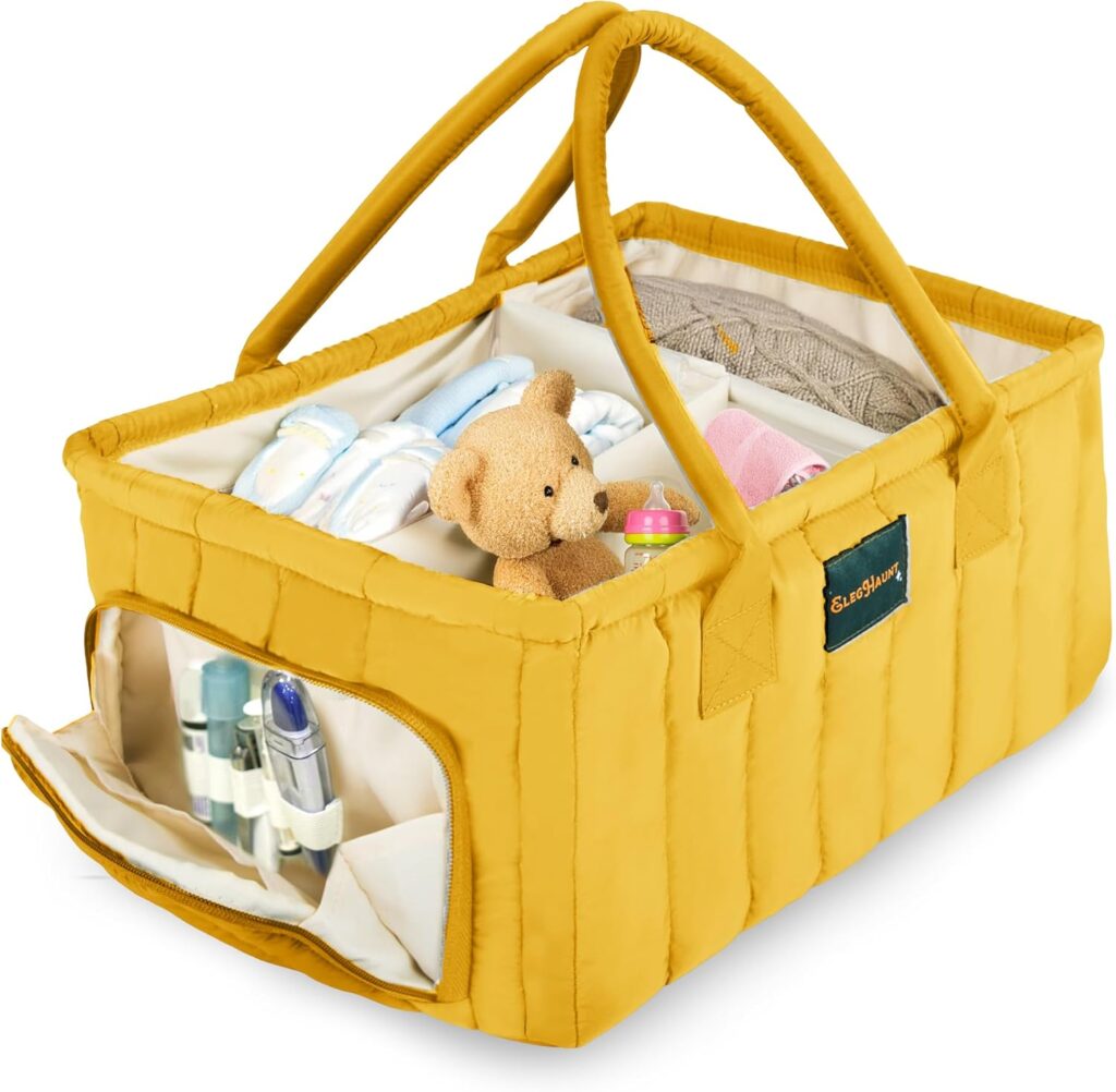 Baby Diaper Caddy Basket Organizer-Sturdy, Breathable & Washable – Stylish Storage, Portable, Car Caddy Organizer, Nursery, Baby Gift Registry Newborn Essentials (Yellow)