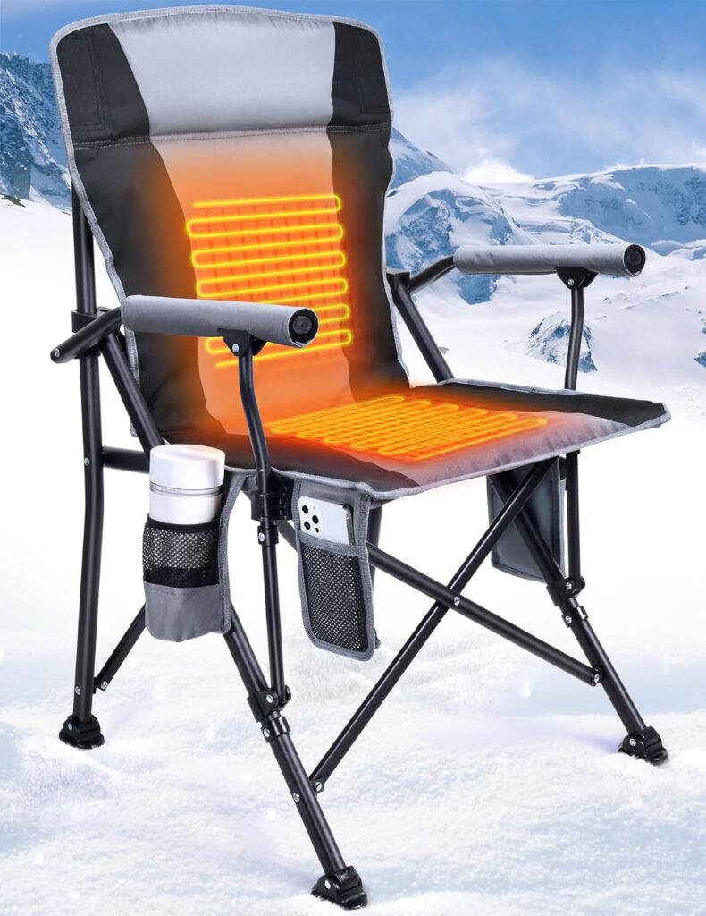 Heated Camping Chair for Adults, Heats Back and Seat, 3 Heat Levels, Fully Padded Heated Folding Chair for Outdoor Sports with Cup Holder, Rich Pockets, Battery NOT Included