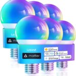 Linkind Matter Smart Light Bulb, WiFi Smart Bulbs, Work with Apple Home, Siri, Alexa, Google, SmartThings, RGBTW Color Changing Bulbs Mood Lighting, Music Sync, A19 E26 60W, 2.4Ghz WiFi 6 Pack
