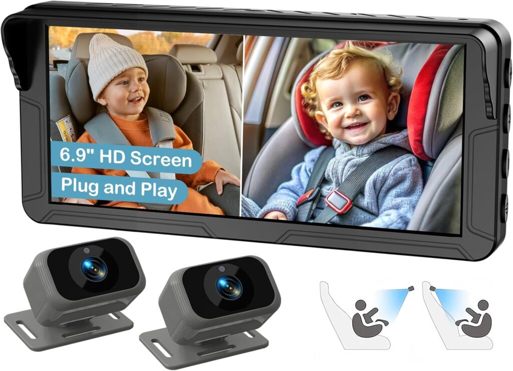 Dual Baby Car Camera for 2 Kids – 6.9” Split Screen Ultrawide HD Display with 2 Cameras, IR Night Vision, Easy Installation, Dual Car Camera Baby Monitor for Infant & Toddler Safety by Fodkh