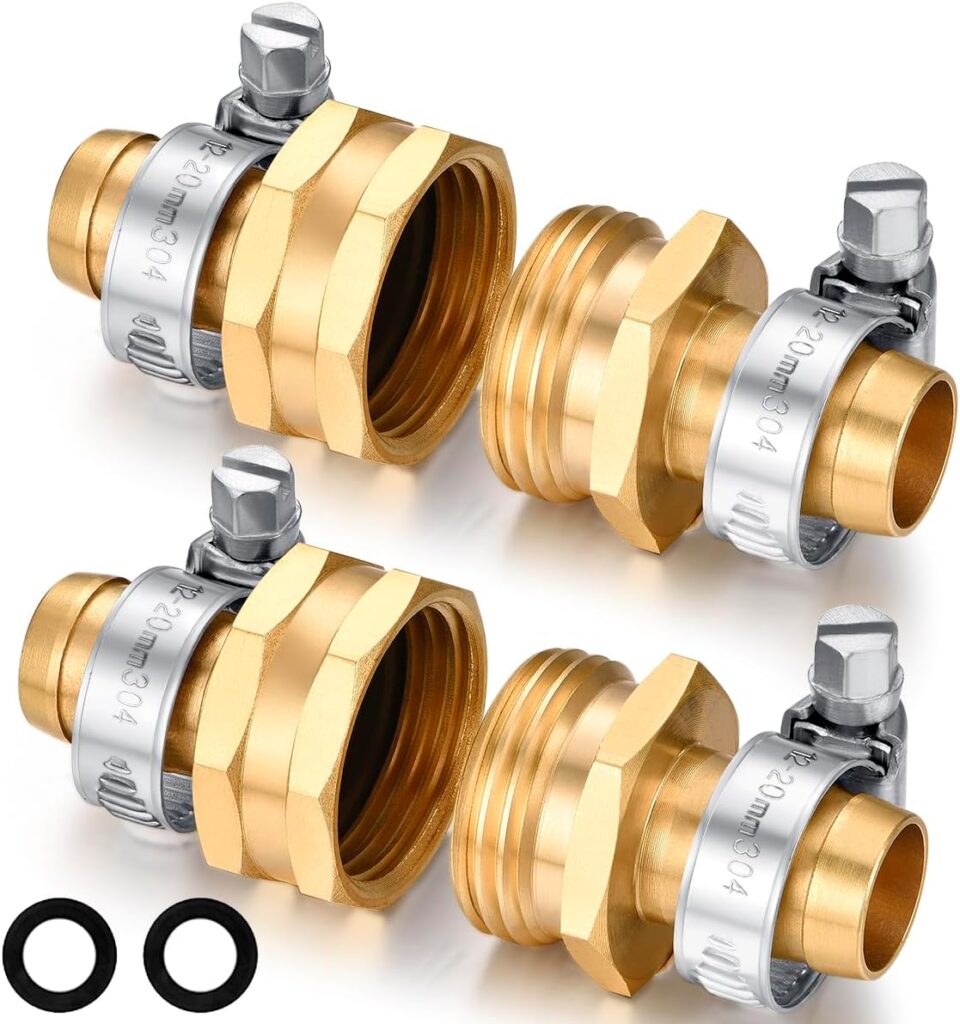 Garden Hose Repair Connector with Clamps Hose End Repair Kit,5/8″ Barb Garden Hose Fittings Male and Female brass garden hose ends (5/8″Barb-2 Set)