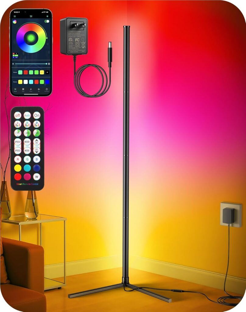 Corner Floor Lamp, Modern LED Corner Lamp with AC Adapter & APP & Remote Control, 16 Million Colors, 68+ Scene Modes, Music Sync, Ambient Lighting for Living Room, Bedroom, and Gaming Room