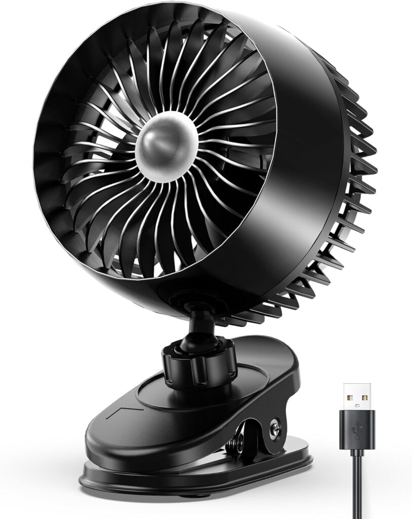 Koonie USB Clip on Fan, Strong Wind Ultra Quiet Small Desk Fan with Strong Clamp, More Than 360° Adjustable, 3 Speeds USB-C Corded Powered, Mini Personal Fan for Home Office Desktop Black