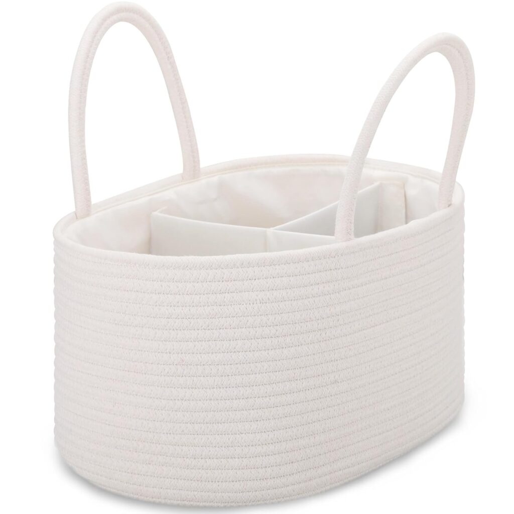 COMSE Large Baby Diaper Caddy Organizer for Girl Boy, Car Caddy with Handles, Cotton Rope Basket for Changing Table, Nursery Organizer, Gift for Baby Shower and Registry Must Have, White