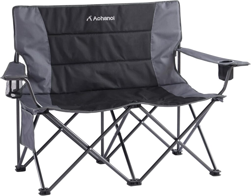 Oversized Double Camping Chairs for Adults, 2 Person Padded Folding Camp Chairs with 2 Cup Holders, Side Pocket for Outside, Picnic, Lawn, Big Heavy Duty Outdoor Loveseat, Black