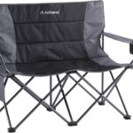Oversized Double Camping Chairs for Adults, 2 Person Padded Folding Camp Chairs with 2 Cup Holders, Side Pocket for Outside, Picnic, Lawn, Big Heavy Duty Outdoor Loveseat, Black