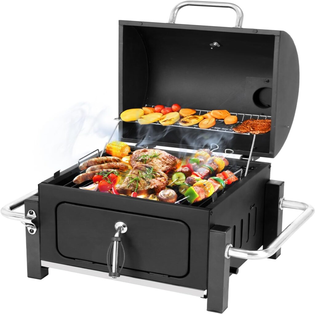 Portable Charcoal Grill, Tabletop Outdoor Barbecue Smoker, Small BBQ Grill for Outdoor Cooking Backyard Camping Picnics Beach by DNKMOR