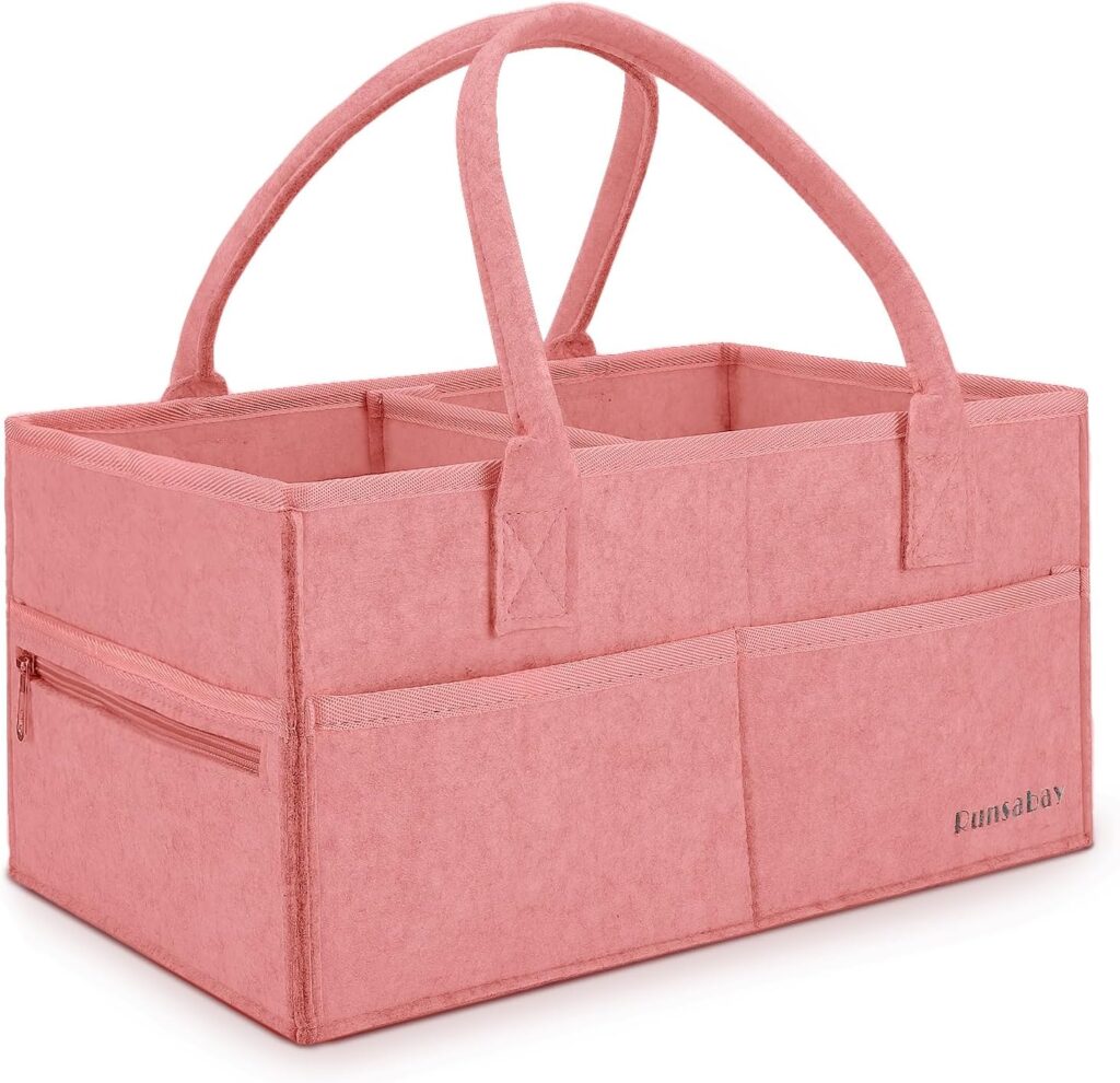 Runsabay. Diaper Caddy Organizer for Newborn Baby Essentials, Large Nursery Storage Bin, Car Organizer for Baby Diapers and Wipes, Baby Basket with Handles – Pink