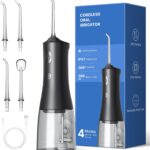Water Flosser for Teeth Cleaning Upgraded 300ml Cordless Water Dental Flossers Rechargeable Oral Irrigator with 4 Modes 4 Jet Tips IPX7 Waterproof Water Floss for Home Travel (Black)