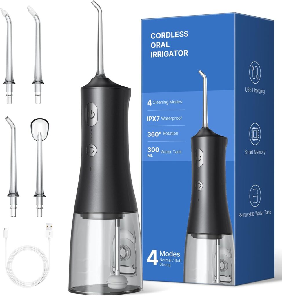 Water Flosser for Teeth Cleaning Upgraded 300ml Cordless Water Dental Flossers Rechargeable Oral Irrigator with 4 Modes 4 Jet Tips IPX7 Waterproof Water Floss for Home Travel (Black)