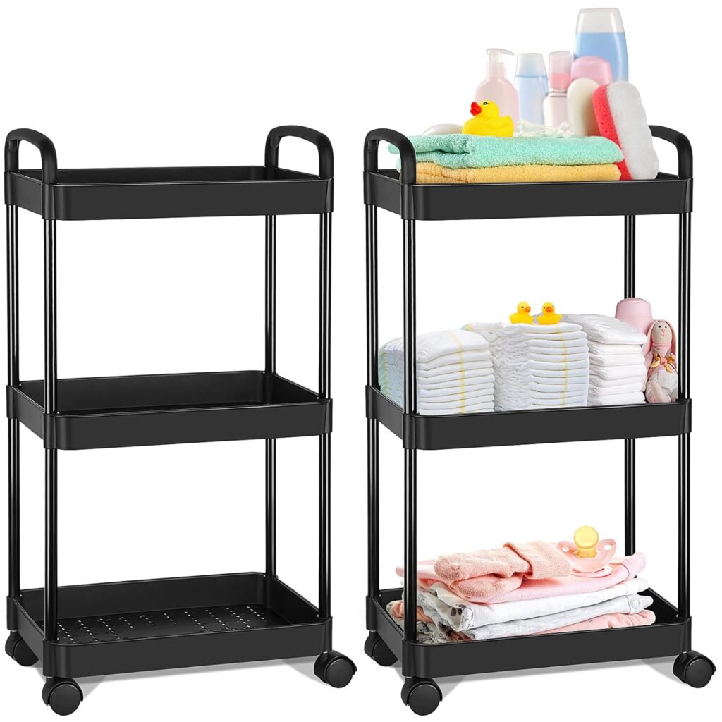 Barydat Baby Diaper Caddy Organizer, Rolling Plastic Movable Diaper Cart Essentials Baby Diapers Storage Organizer Newborn Nursery Essentials for Changing Tables, Crib, Wipes(3 Tiers,Black)
