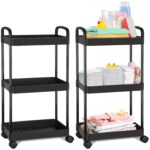 Barydat Baby Diaper Caddy Organizer, Rolling Plastic Movable Diaper Cart Essentials Baby Diapers Storage Organizer Newborn Nursery Essentials for Changing Tables, Crib, Wipes(3 Tiers,Black)