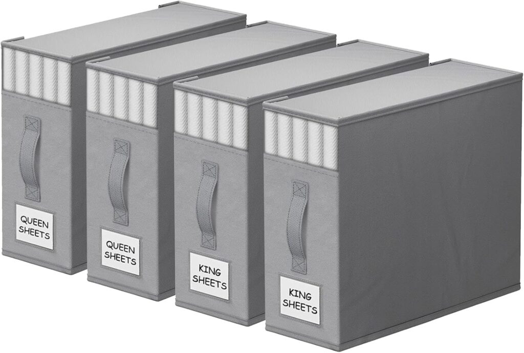 4 Pack Bed Sheet Closet Organizers and Storage,Sturdy Foldable Storage Containers with Window and Label,Storage and Organization for Bedding Sheets,Duvet Covers,Blankets (Grey)