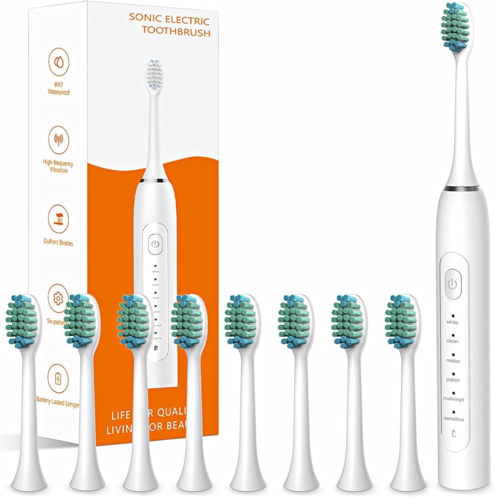 Waterproof Sonic Electric Toothbrush for Adults – 6 Modes with Pressure Sensor, Smart Timer，Rechargeable Toothbrushes with 8 Brush Heads,Whitening & Sensitive Teeth Care ,30 Days Long Battery Life