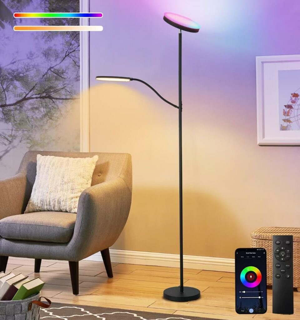 Smart LED Floor Lamp, 24W Super Bright Floor Lamps for Living Room, 2 in 1 Color Changing RGB and White Light & Brightness Dimmable with Remote & Smart APP for Reading Light for Bedroom, Office
