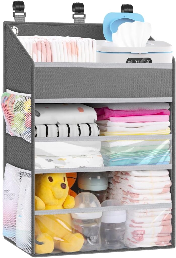 Hanging Diaper Caddy Organizer Crib Organizer–Spacious Baby Girl/Boy Nursery Storage Organizer for Changing Table, Playpen/Wall- Hold 90+ Diaper (Grey)