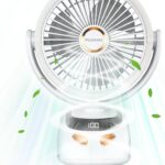 Clip on Desk Fan with LED Light, 10000mAh Rechargeable Battery, 5 Speeds, 40H Quiet Cooling, Digital Display, 160°H/90°V Rotation, Detachable for Office, Camping, Baby Stroller (White)