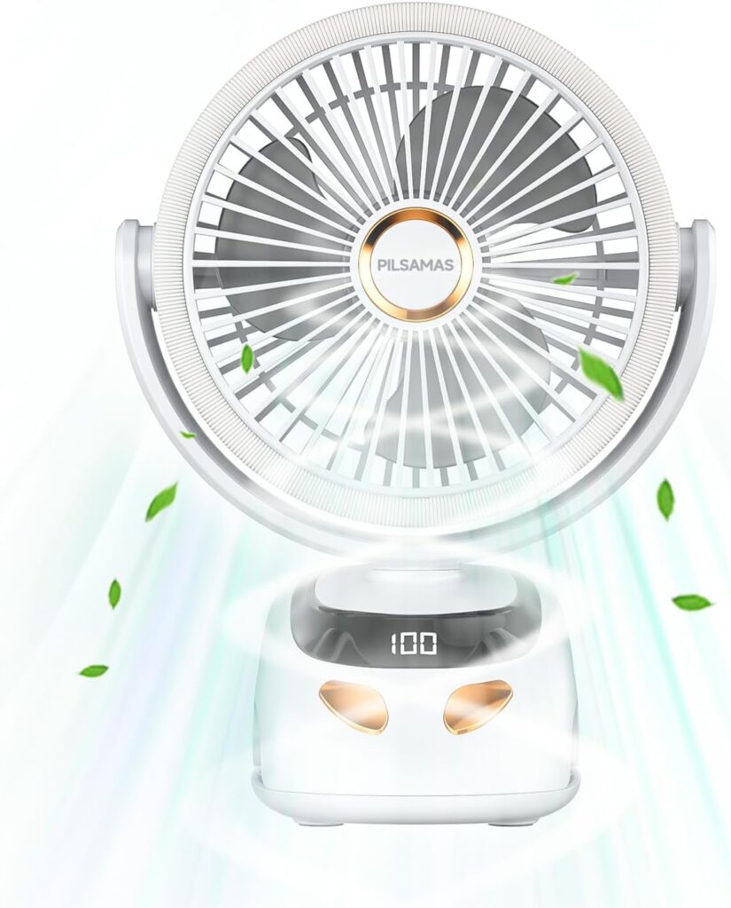 Clip on Desk Fan with LED Light, 10000mAh Rechargeable Battery, 5 Speeds, 40H Quiet Cooling, Digital Display, 160°H/90°V Rotation, Detachable for Office, Camping, Baby Stroller (White)