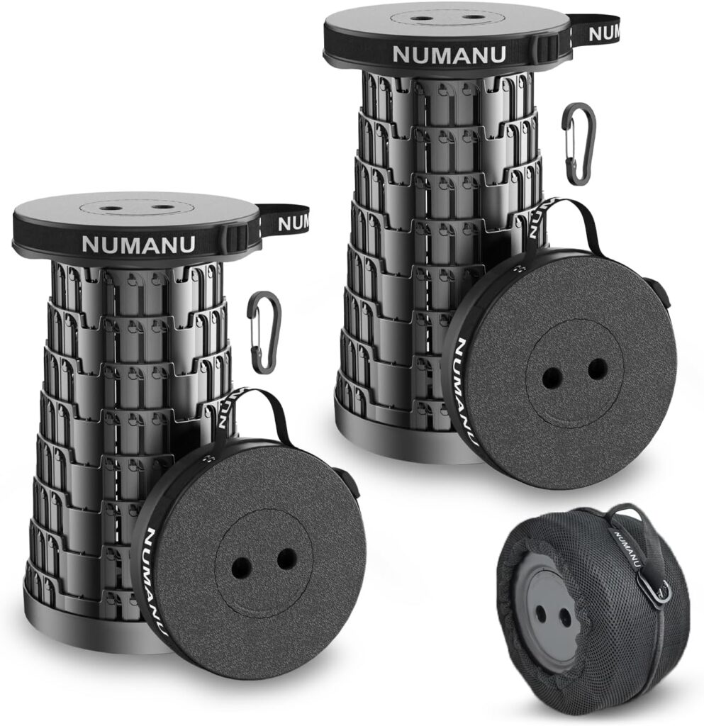 NUMANU 2-Pack 2025 Upgraded Collapsible Stool & Dual Carry Bag + Clips, Max 620lb Portable Folding Stool, Height Adjustable Retractable Telescopic Seat, Travel Chair, Foldable Camping Stool/Footrest