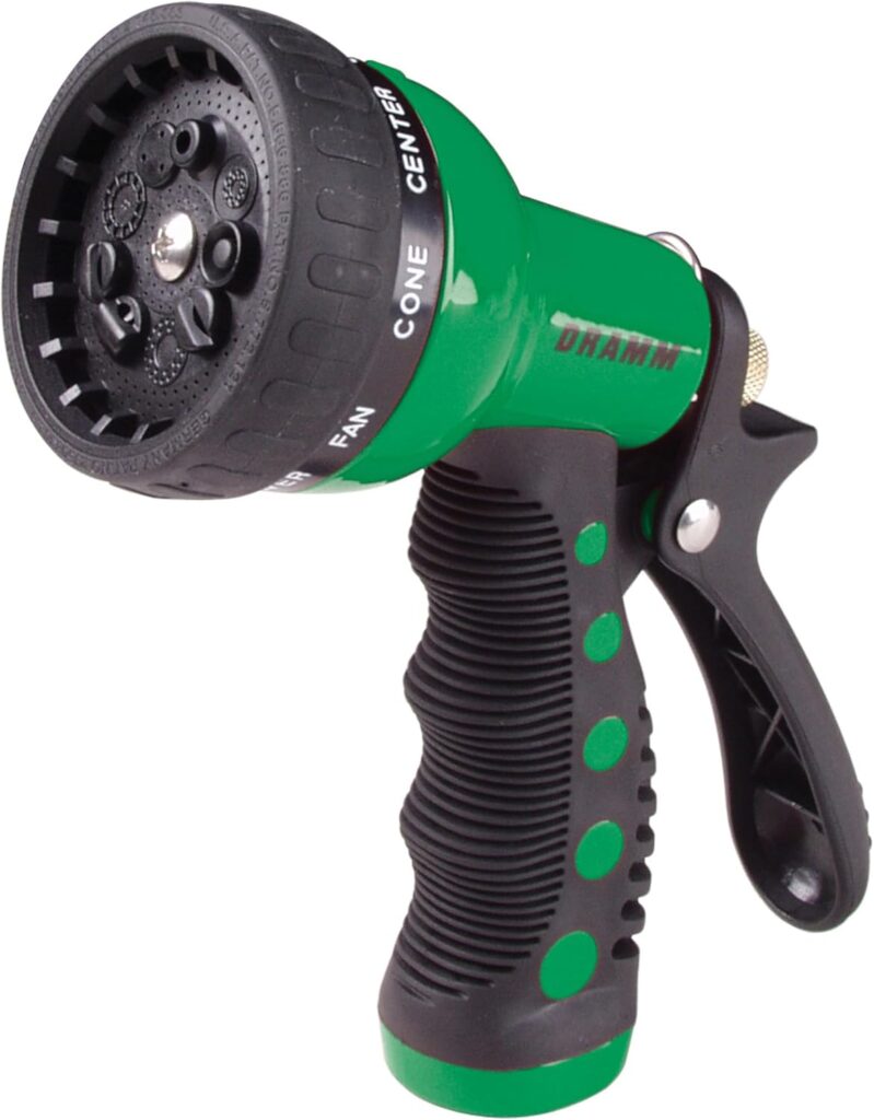 Dramm® Revolver Heavy Duty 9-Pattern Garden Hose Nozzle – Adjustable Metal Spray Gun with Thumb-Control Flow & Ergonomic Grip – Green