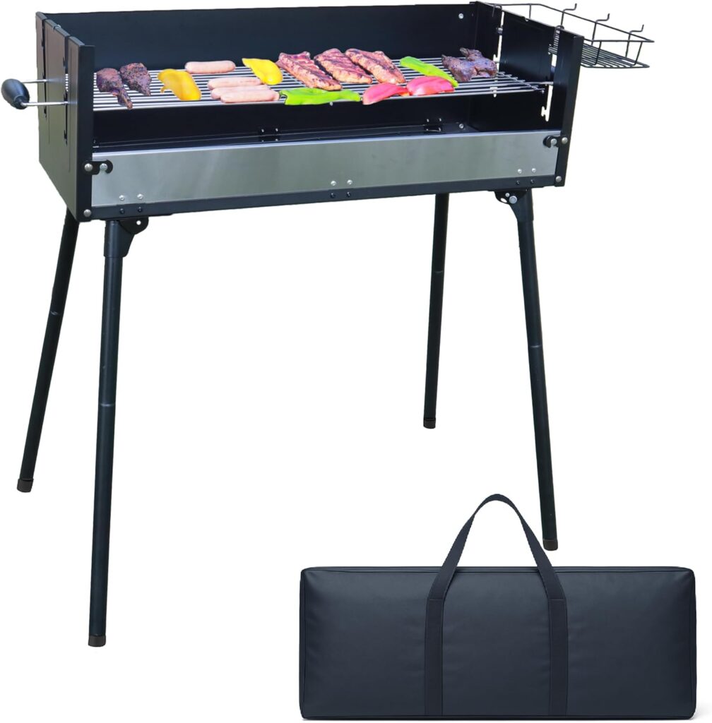 “Piano” Tool-Free Portable BBQ Charcoal Grill, 28″ Large Cooking Grate, Adjustable Grilling Heat Design, Ultra-Slim Foldable Design w/Large Carrying Bag, 2-Section Adjustable Leg Height