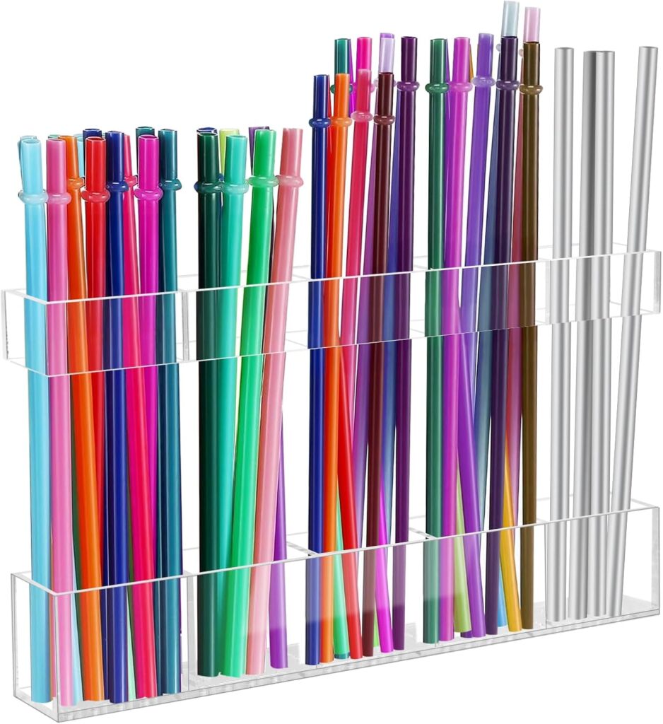 9.5” Large Acrylic Straw Holder for Cabinet Door – Reusable Tumbler Straw Organizer Storage, Small Kitchen Accessories Container, Ultra Sticky Cupboard Door Mounted (Transparent)