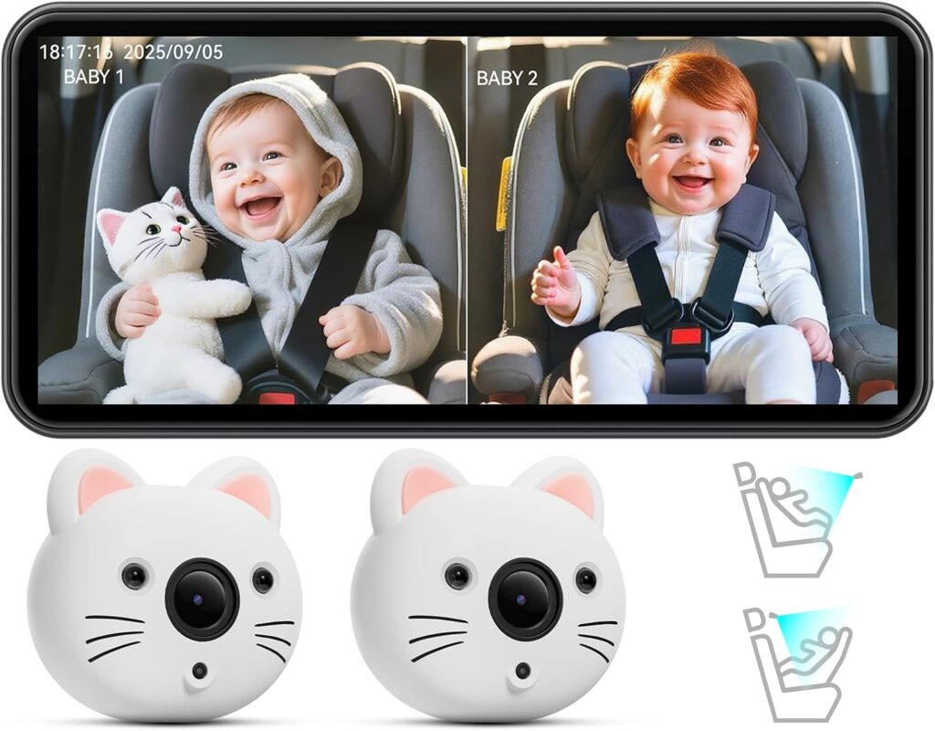 Baby Car Camera for 2 Kids – 7.2” Ultrawide Split-Screen Monitor with Dual 1080P HD Car Seat Cameras, Cute Replaceable Cat Covers, Night Vision, Type-C Power, Easy Install for Twins or Siblings