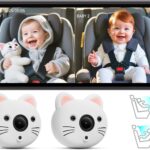 Baby Car Camera for 2 Kids – 7.2” Ultrawide Split-Screen Monitor with Dual 1080P HD Car Seat Cameras, Cute Replaceable Cat Covers, Night Vision, Type-C Power, Easy Install for Twins or Siblings