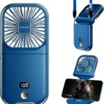USB Rechargeable Upgraded 5-in-1 Portable Handheld Fan, Necklace Fan, Mini Desk Fan, Foldable Phone Stand, 4 Speeds Airflow, Quiet Personal Fans with LED Digital Screen (Blue)