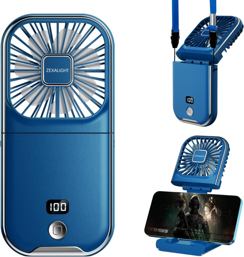 USB Rechargeable Upgraded 5-in-1 Portable Handheld Fan, Necklace Fan, Mini Desk Fan, Foldable Phone Stand, 4 Speeds Airflow, Quiet Personal Fans with LED Digital Screen (Blue)