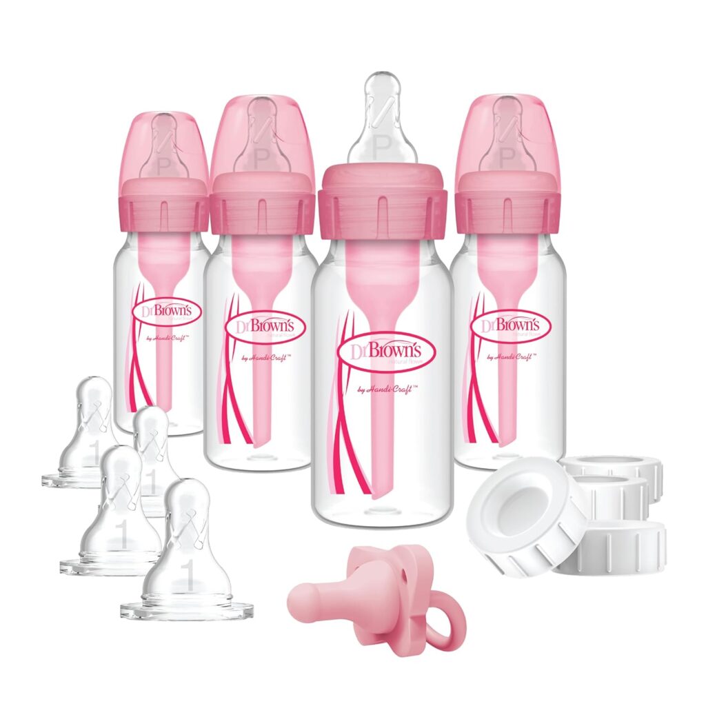 Dr. Brown’s Anti-Colic Baby Feeding Set with Slow Flow Nipples, Travel Caps, Silicone Pacifier – Pink
