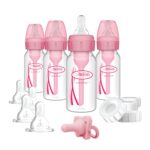 Dr. Brown’s Anti-Colic Baby Feeding Set with Slow Flow Nipples, Travel Caps, Silicone Pacifier – Pink
