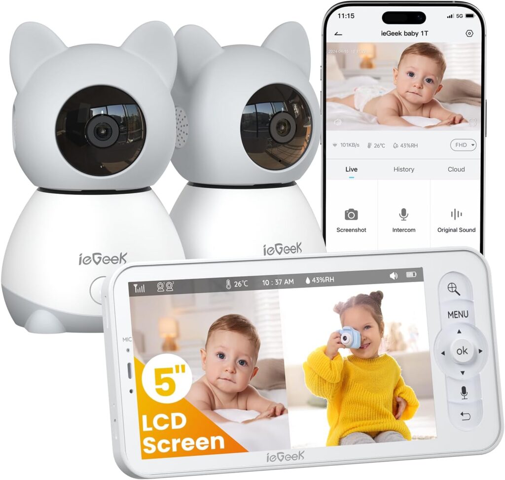 ieGeek Baby Monitor with 2 Cameras, 5″ Large Screen Split-Screen Video Baby Monitor | 2K HD Non-WiFi Monitor with App & Parent Unit | Night Vision, 2-Way Audio, Cry Detection, Temperature Sensor