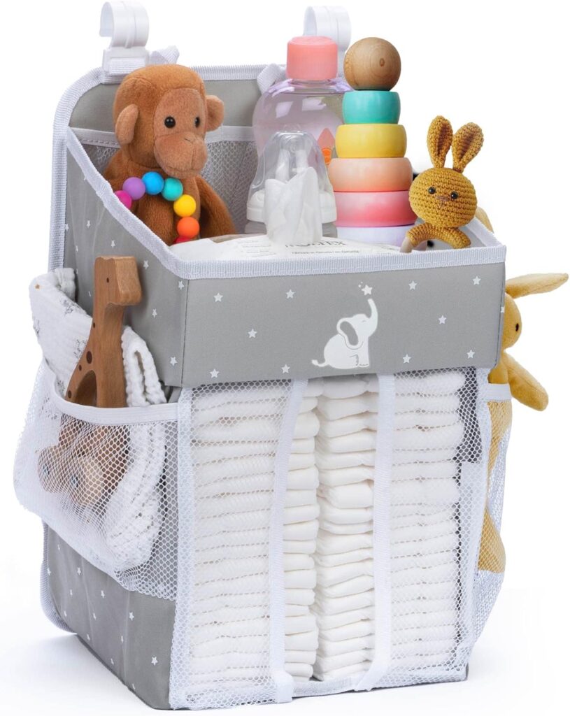 Hanging Diaper Caddy – Organizer for Baby Girl and Boy – Nursery Baby Essentials for Newborn – Gray with White Elephant – 17x9x9 inches
