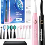 TEETHEORY 2 Pack Sonic Toothbrush, Electric Toothbrush Adults with 40000VPM 5 Modes 12 Brush Heads 2 Travel Cases, Sonic Toothbrush 4 Hours Charge Minimum 30 Days -Black&Pink