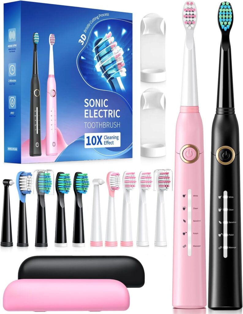 TEETHEORY 2 Pack Sonic Toothbrush, Electric Toothbrush Adults with 40000VPM 5 Modes 12 Brush Heads 2 Travel Cases, Sonic Toothbrush 4 Hours Charge Minimum 30 Days -Black&Pink