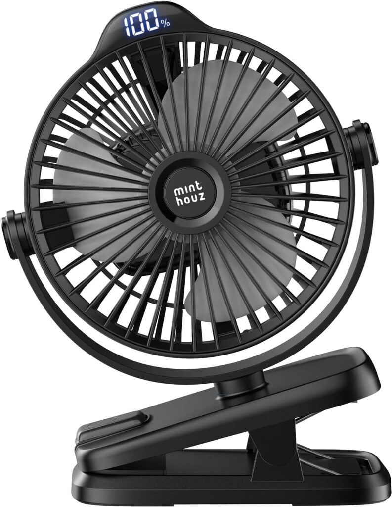 Minthouz Clip on Fan – 720° Rotation Portable Small Fan with LCD Digital Display, 8000mAh Low Noise Desk Fan for Outdoor Camping/Stroller/Home/Office