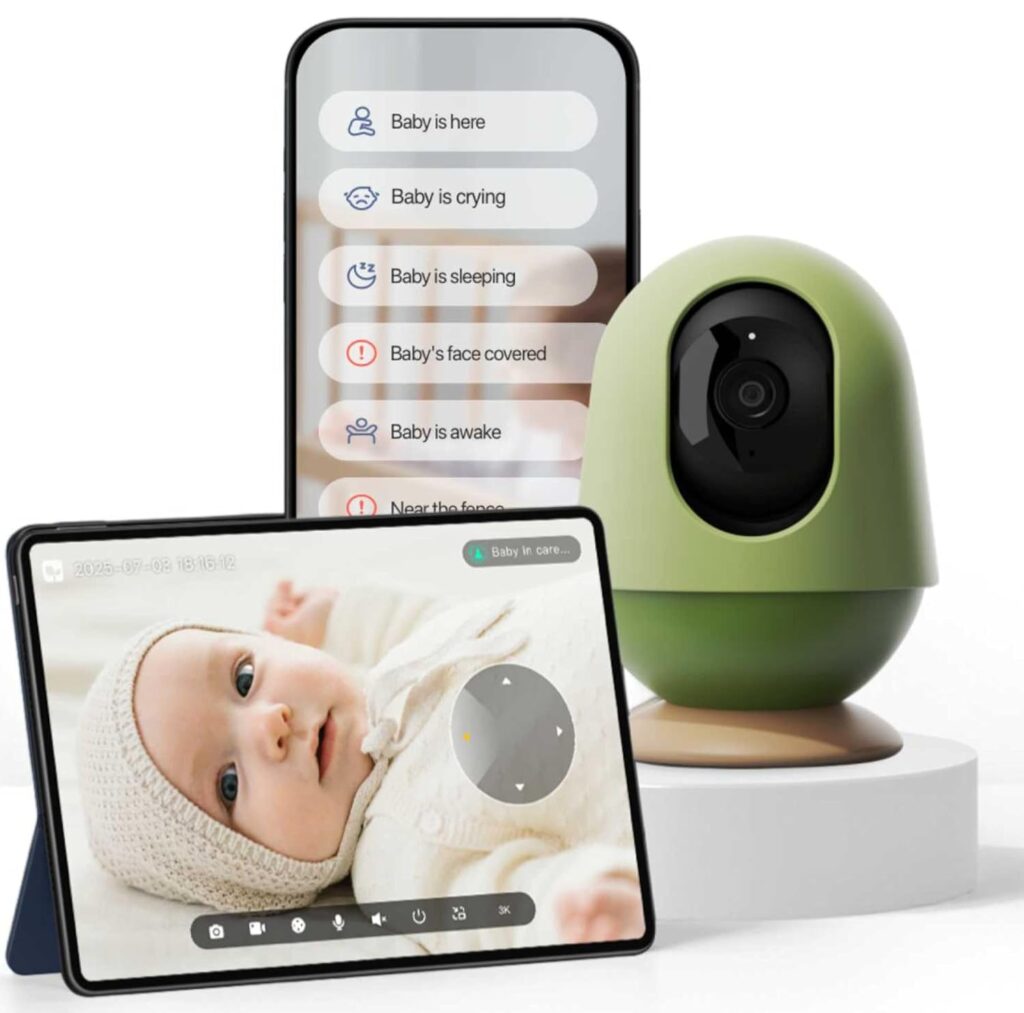 MONAI WiFi Baby Monitor with Camera and Audio, Covered-Face/Sleep/Cry Alerts, Virtual Safety Fence, AI-Powered Smart Baby Monitor with 3K FHD, Night Vision, Local Storage & Cloud Backup, No Fee